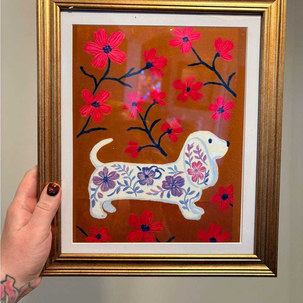 Brand New Framed Dachshund Art Print 8x10 Gold Frame Floral Dog Wall Decor